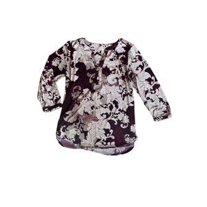 Dana Buchman three-quarter length blouse in maroon floral, paisley print - sz Me
